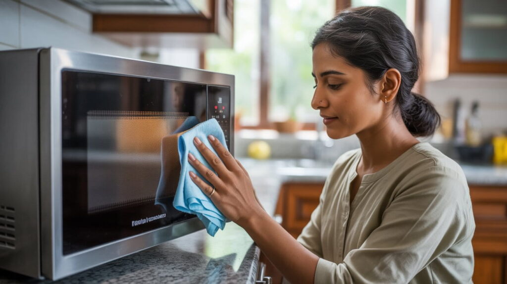 microwave oven door cleaning by a woman